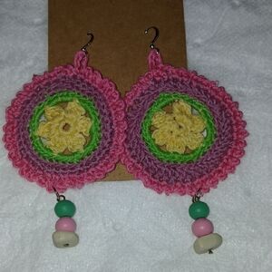 Crochet Floral Drop Earrings — Pink with Yellow & Green Accents